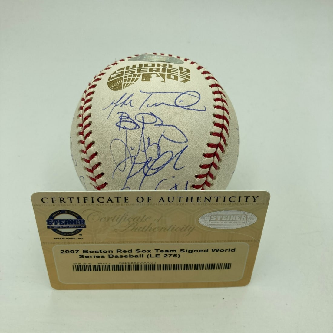 2007 Boston Red Sox Team Signed World Series Baseball 24 Signatures Steiner COA: 2007 Boston Red Sox Team Signed World Series Baseball 24 Signatures Steiner COA Celebrate the 2007 Boston Red Sox's historic World Series victory with this authentic, team-signed baseball. This pristi