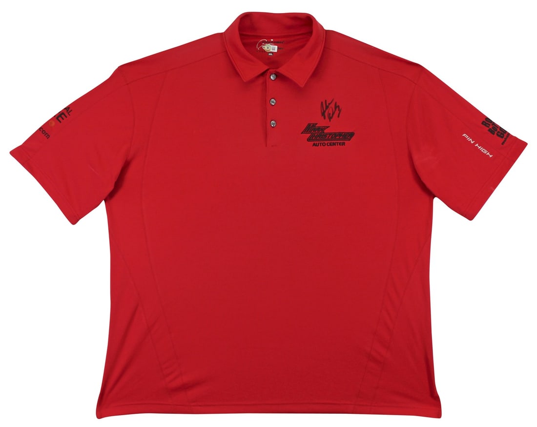 John Daly Signed Match Worn Red Pin High Golf Polo With Beckett Authentication: John Daly Signed Match Worn Red Pin High Golf Polo With Beckett Authentication This is an original match-worn red Pin High Mark Christopher National Core Rock Bottom Golf polo shirt, personally signed