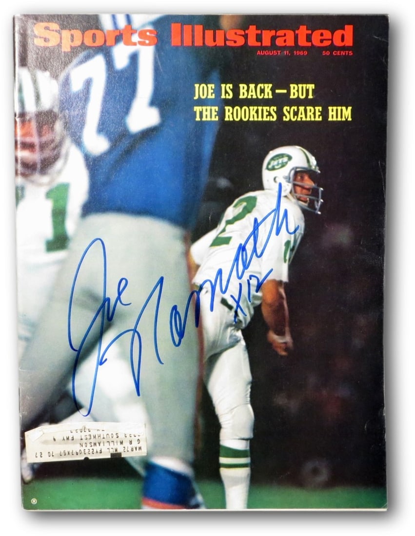Joe Namath Autographed Sports Illustrated Magazine 8/11/69 JSA Certified: Joe Namath Autographed Sports Illustrated Magazine 8/11/69 JSA Certified This is an original Sports Illustrated magazine featuring Joe Namath on the cover, dated August 11, 1969. The magazine is signe