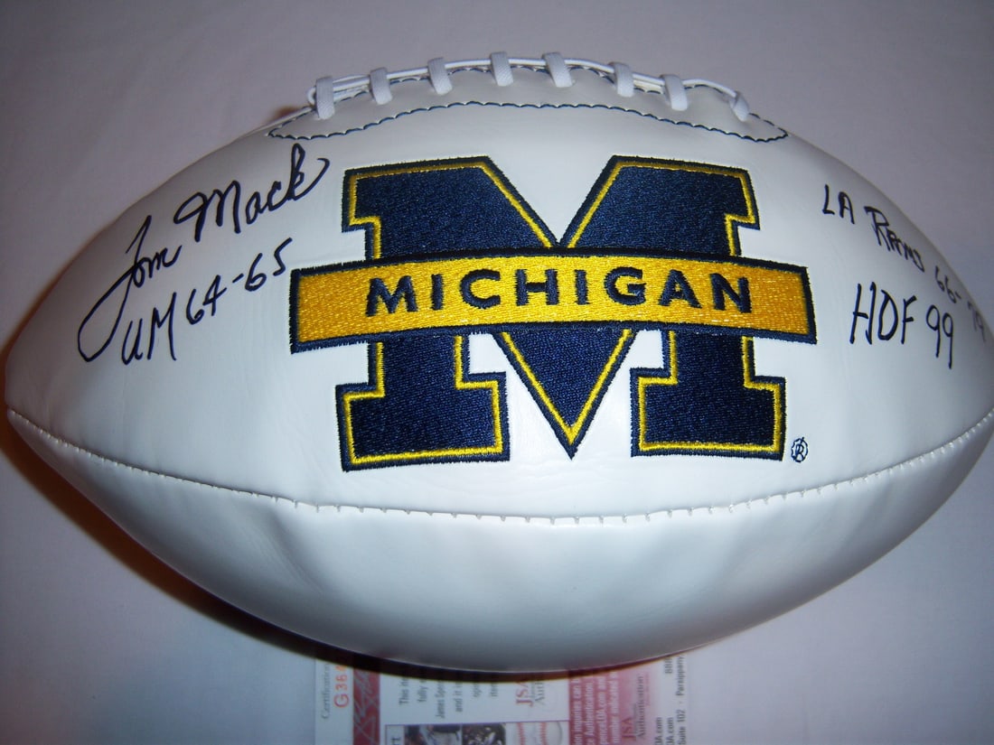 Autographed Football by Tom Mack with JSA COA Michigan Wolverines Rams HOF (1 of 2)