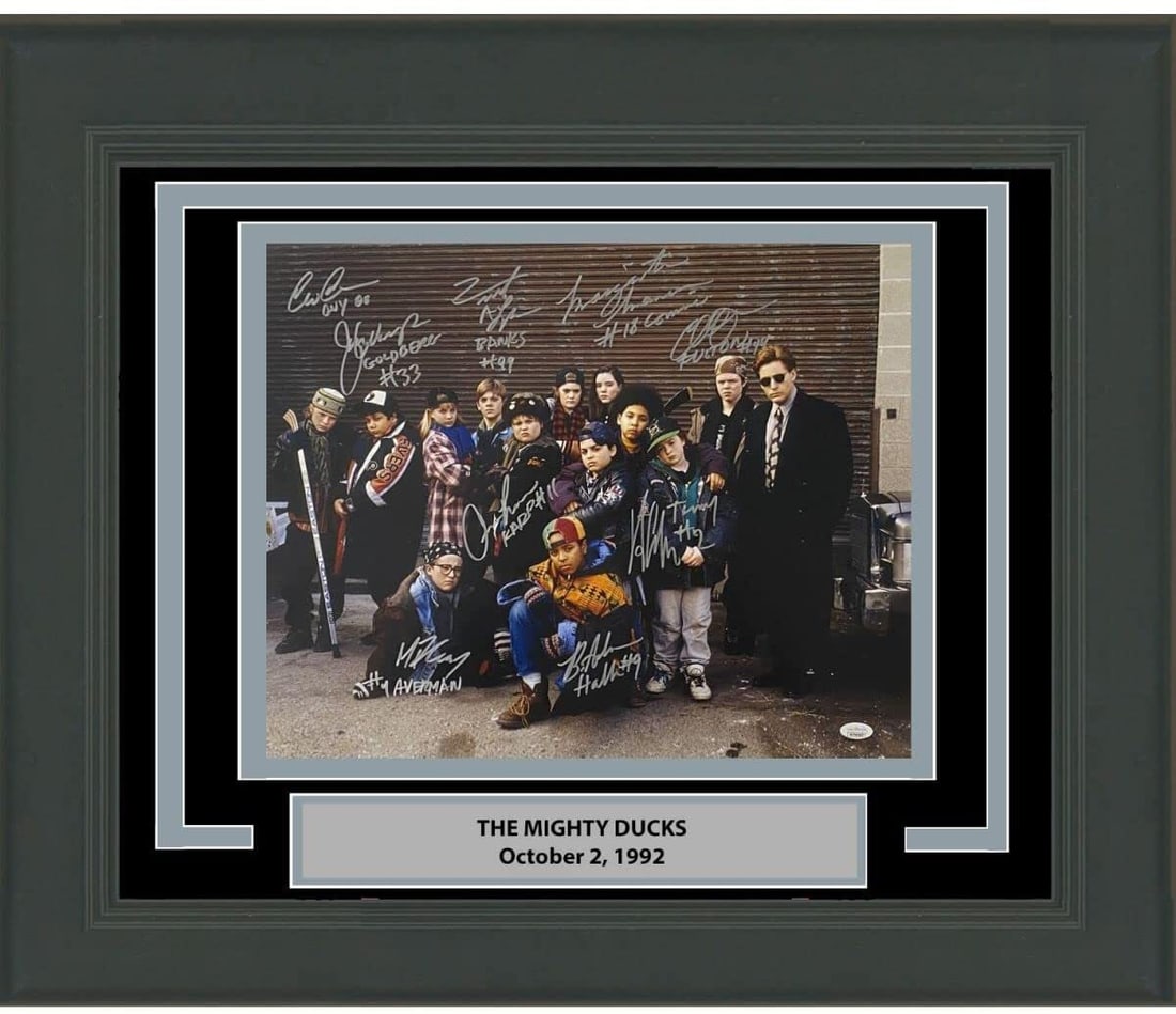 Framed Autographed The Mighty Ducks Cast 16x20 Photo JSA COA: Framed Autographed The Mighty Ducks Cast 16x20 Photo JSA COA Celebrate the nostalgia of the beloved movie franchise with this professionally framed and matted autographed photo featuring the cast of T