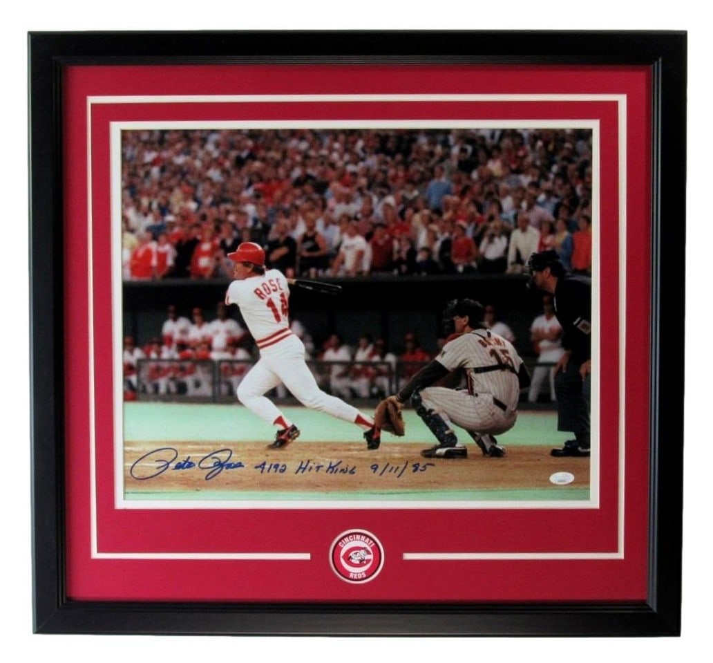 Framed 16x20 Photo Pete Rose Signed Cincinnati Reds JSA Authenticated: Framed 16x20 Photo Pete Rose Signed Cincinnati Reds JSA Authenticated Celebrate baseball history with this authentic 16x20 photo of Pete Rose, inscribed "4192 Hit King 9/11/85" and framed for display.