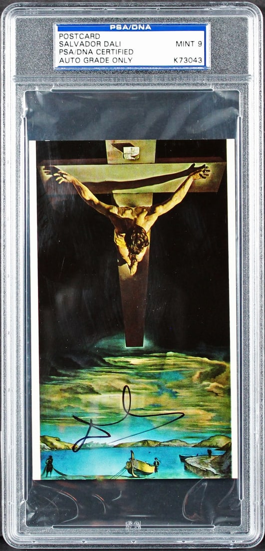 Salvador Dali Signed Christ Of St John Postcard PSA Mint 9: Salvador Dali Signed Christ Of St John Postcard PSA Mint 9 This is a rare autographed postcard featuring the iconic "Christ of St. John of the Cross" by Salvador Dali. Measuring 3.5x6 inches, the post