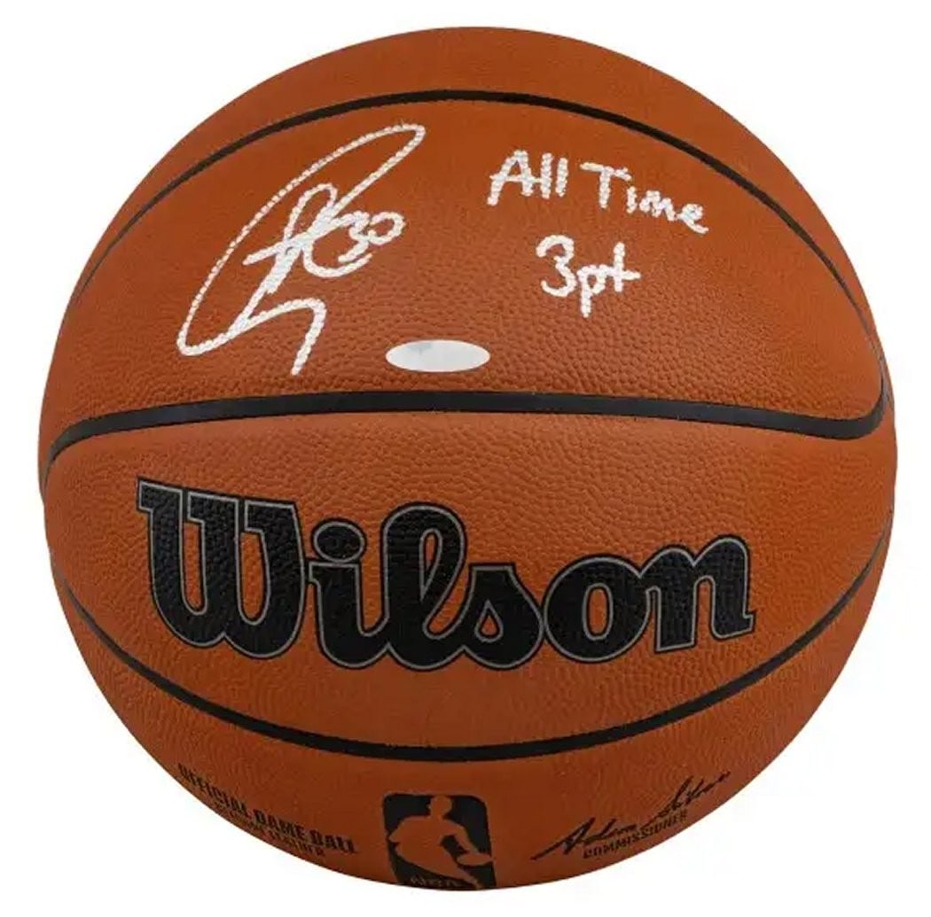 Stephen Curry Signed Wilson Basketball All-Time 3pt Upper Deck Authenticated: Stephen Curry Signed Wilson Basketball All-Time 3pt Upper Deck Authenticated Celebrate the iconic career of Stephen Curry with this autographed official Wilson game basketball. This unique piece featu