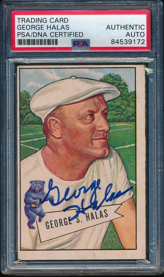 George Halas Autographed 1952 Bowman #48 Rookie Card Authenticated by PSA DNA: George Halas Autographed 1952 Bowman #48 Rookie Card Authenticated by PSA DNA This is an original 1952 Bowman Football Large trading card featuring George Halas, card #48. The card is autographed by G