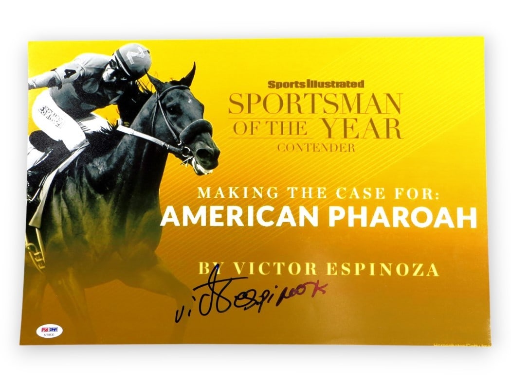 Victor Espinoza Autographed 12X18 Photo American Pharoah PSA/DNA Certified: Victor Espinoza Autographed 12X18 Photo American Pharoah PSA/DNA Certified This is a Victor Espinoza signed autographed 12X18 photo capturing the triumphant moment of American Pharoah. The item is an 