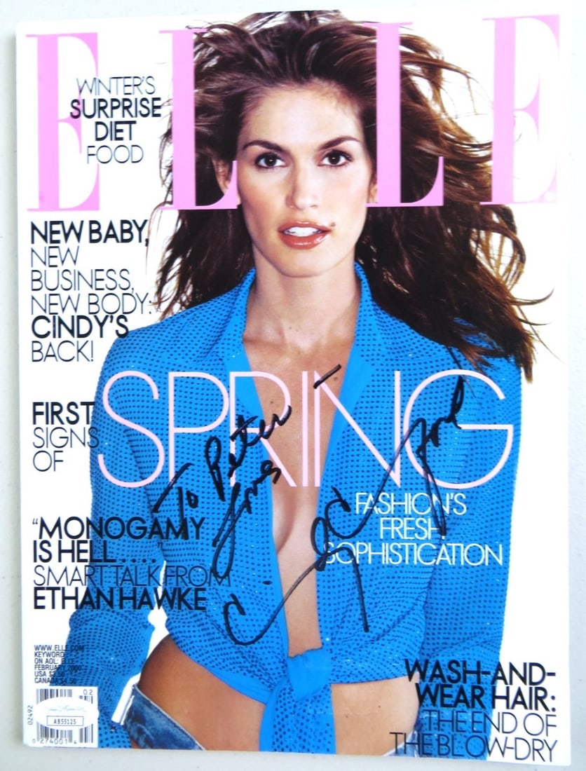 Cindy Crawford Signed Elle Magazine February 2000 JSA Authenticated: Cindy Crawford Signed Elle Magazine February 2000 JSA Authenticated This is an original magazine featuring Cindy Crawford on the cover, signed by the supermodel herself. The magazine is from the Febru