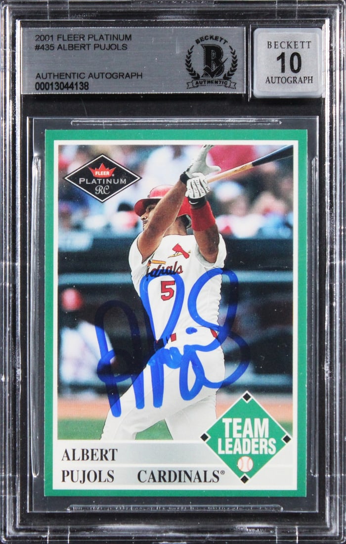 Albert Pujols 2001 Fleer Platinum Rookie Auto Beckett 10 Slabbed Cardinals: Albert Pujols 2001 Fleer Platinum Rookie Auto Beckett 10 Slabbed Cardinals This 2001 Fleer Platinum #435 Rookie Card features Albert Pujols of the St. Louis Cardinals and has been personally signed by