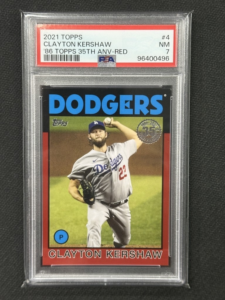 Clayton Kershaw 2021 Topps 35th Anniversary Red 86 PSA 7 Dodgers Card #4: Clayton Kershaw 2021 Topps 35th Anniversary Red 86 PSA 7 Dodgers Card #4 Celebrate the legacy of Clayton Kershaw with this 2021 Topps 35th Anniversary Red 86 Baseball Card. Graded by the Professional 