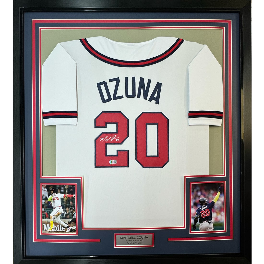 Framed Marcell Ozuna Signed Jersey Atlanta Braves BAS COA 35x39: Framed Marcell Ozuna Signed Jersey Atlanta Braves BAS COA 35x39 This professionally framed and matted display features an autographed Marcell Ozuna Atlanta Braves jersey. Measuring 35x39 inches, it in