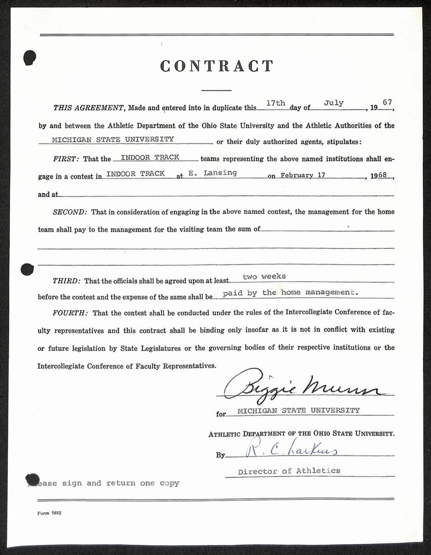 Signed Contract by Biggie Munn Michigan State Coach JSA Authenticated (1 of 2)