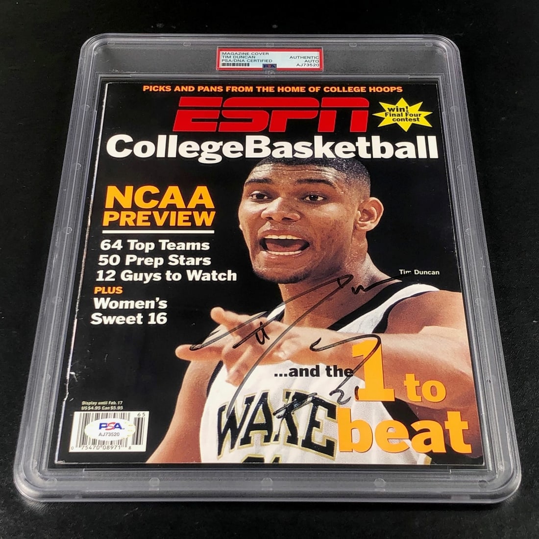 Tim Duncan Autographed ESPN Magazine Cover PSA Encapsulated Spurs Memorabilia: Tim Duncan Autographed ESPN Magazine Cover PSA Encapsulated Spurs Memorabilia This is an original ESPN magazine cover featuring a professionally printed photograph signed by basketball legend Tim Dunc