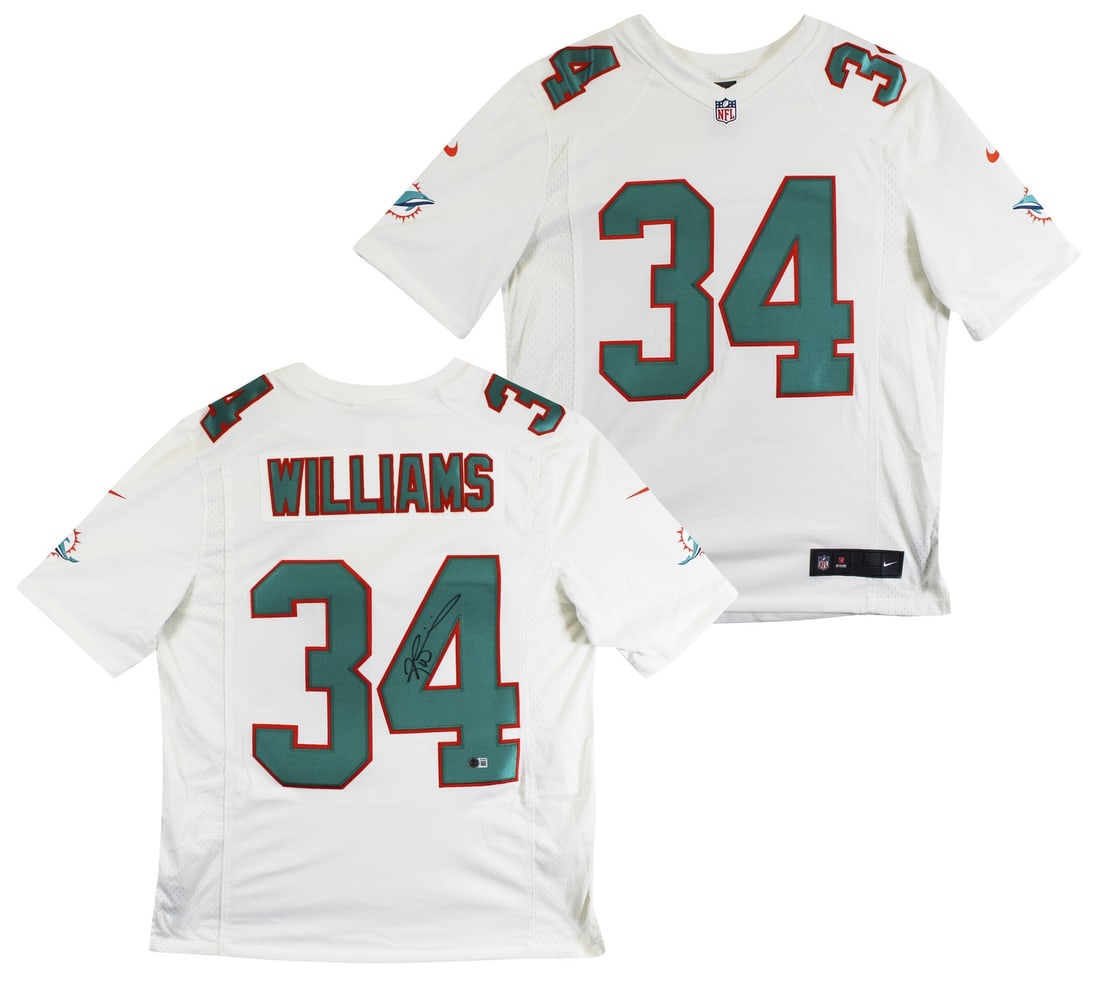 Ricky Williams Signed White Nike Limited Jersey Beckett Witness Miami Dolphins: Ricky Williams Signed White Nike Limited Jersey Beckett Witness Miami Dolphins This white Nike Limited jersey features an authentic hand-signed autograph from Ricky Williams of the Miami Dolphins. The