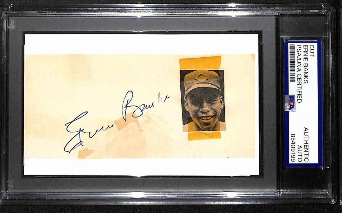Ernie Banks HOF Autographed Cut 3x5 Index Card PSA/DNA Chicago Cubs: Ernie Banks HOF Autographed Cut 3x5 Index Card PSA/DNA Chicago Cubs This listing features an original autographed cut of Ernie Banks, a Hall of Fame baseball player, on a 3x5 index card. The item is a