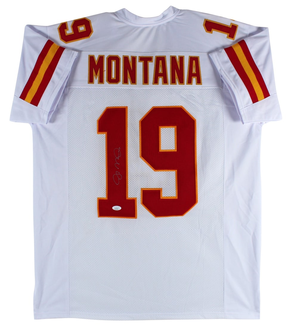 Joe Montana Signed Kansas City Chiefs White Jersey JSA Authenticated: Joe Montana Signed Kansas City Chiefs White Jersey JSA Authenticated This authentic white pro style jersey is a remarkable piece of memorabilia, personally signed by the legendary Joe Montana, a celeb