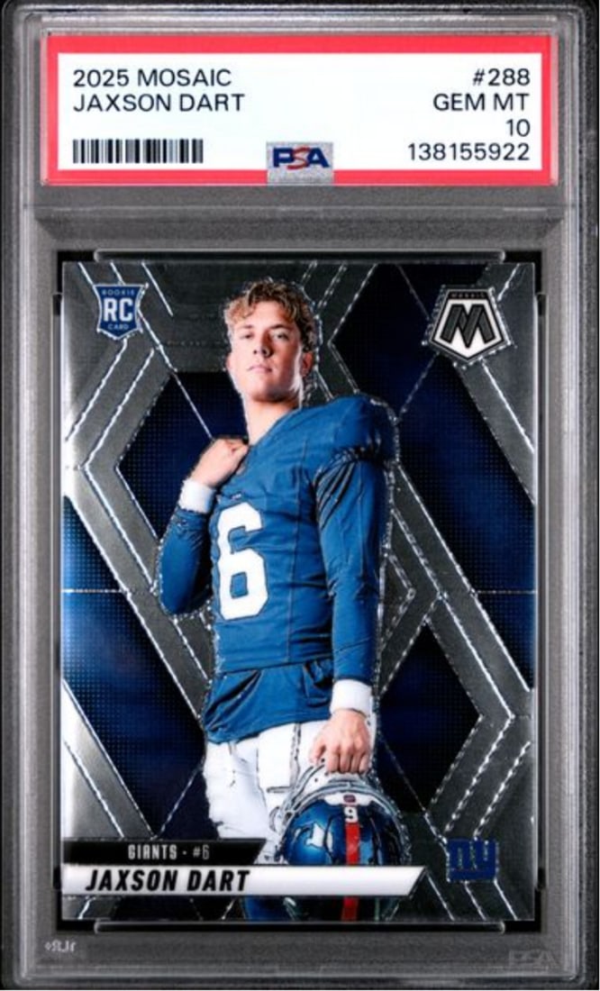 PSA 10 Gem Mint Jaxson Dart 2025 Mosaic Rookie Card #288: PSA 10 Gem Mint Jaxson Dart 2025 Mosaic Rookie Card #288 This is an original 2025 Panini Mosaic #288 Rookie RC card featuring Jaxson Dart. The card is professionally graded and encapsulated by Profess