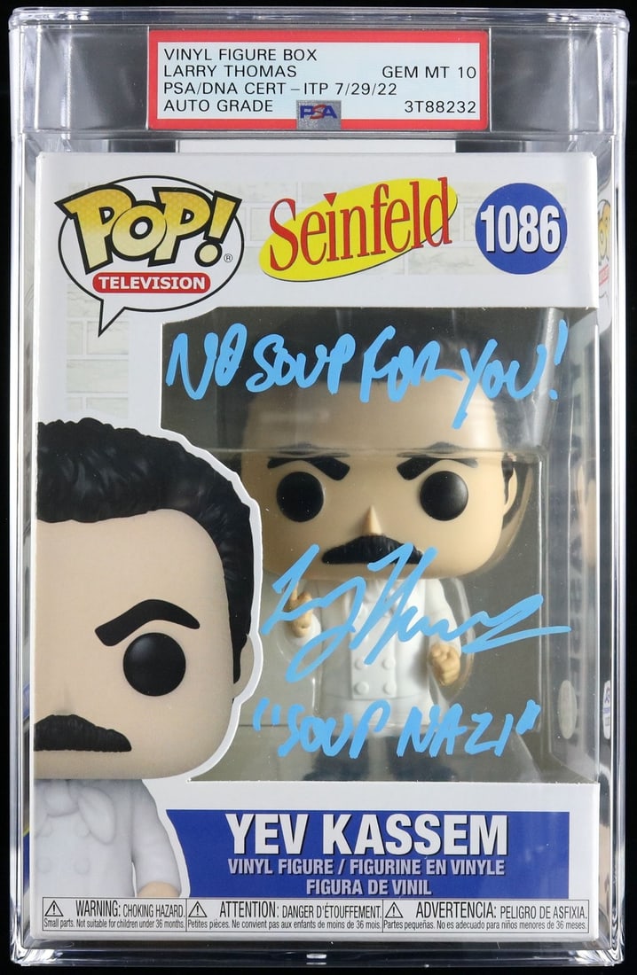 Larry Thomas Signed Yev Kassem Funko Pop PSA/DNA Auto 10 No Soup For You: Larry Thomas Signed Yev Kassem Funko Pop PSA/DNA Auto 10 No Soup For You This collectible "Yev Kassem" Funko Pop has been personally signed by Larry Thomas, renowned for his role as the "Soup Nazi" in