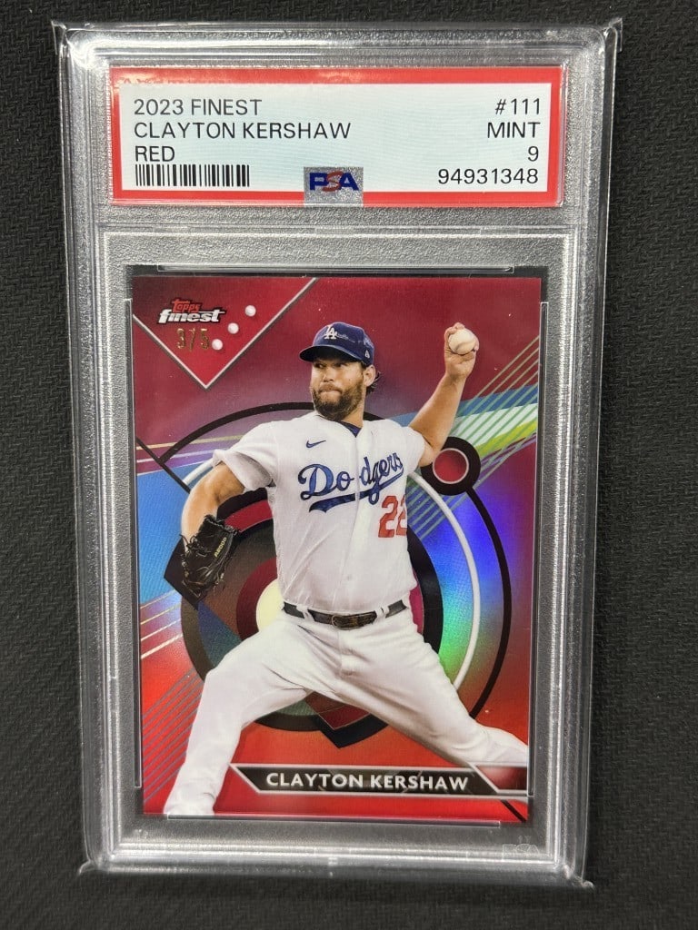 Clayton Kershaw 2023 Topps Finest Red Refractor PSA 9 #111 Dodgers: Clayton Kershaw 2023 Topps Finest Red Refractor PSA 9 #111 Dodgers This is a 2023 Topps Finest Red Refractor baseball card featuring Clayton Kershaw, a prominent player for the Los Angeles Dodgers. Th