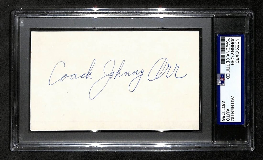 Johnny Orr 3x5 Index Card Autograph Michigan PSA DNA Authenticated BA203998: Johnny Orr 3x5 Index Card Autograph Michigan PSA DNA Authenticated BA203998 This is an original 3x5 index card signed by Johnny Orr, the former Michigan basketball coach. The autograph has been authen