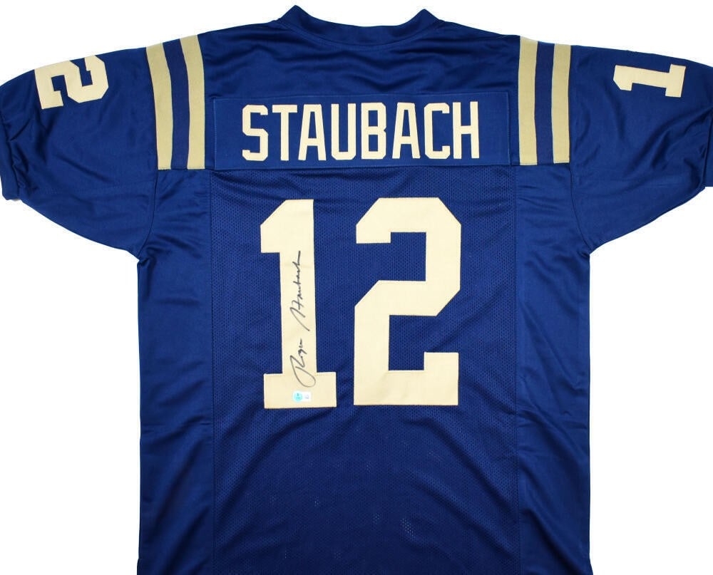Navy College Football Jersey Signed by Roger Staubach Beckett Authenticated: Navy College Football Jersey Signed by Roger Staubach Beckett Authenticated This Navy Midshipman college style jersey is autographed by Roger Staubach and comes with authentication from Beckett Authen