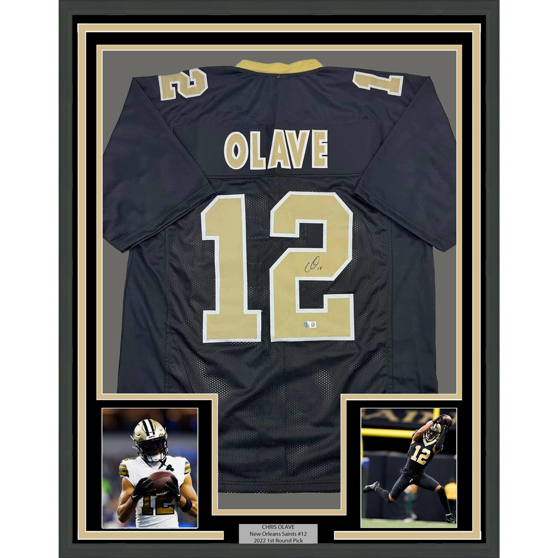 Chris Olave Signed Black Saints Jersey 35x39 Framed with Beckett Authentication: Chris Olave Signed Black Saints Jersey 35x39 Framed with Beckett Authentication This professionally framed display features a signed Chris Olave New Orleans Saints black jersey, authenticated by Becke