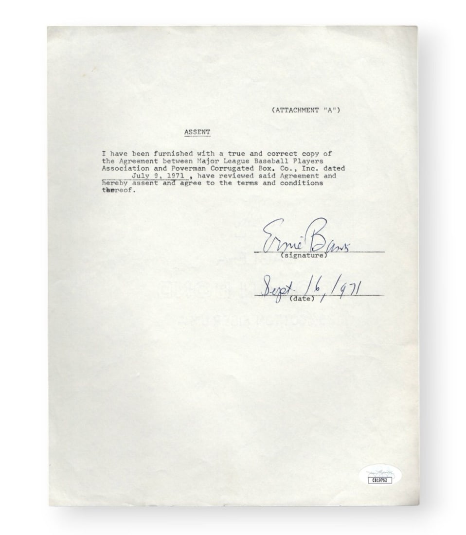 Ernie Banks Autographed Contract Chicago Cubs 1971 JSA Authenticated: Ernie Banks Autographed Contract Chicago Cubs 1971 JSA Authenticated This is an original contract signed by Hall of Famer Ernie Banks, a legendary player for the Chicago Cubs. The contract is authenti