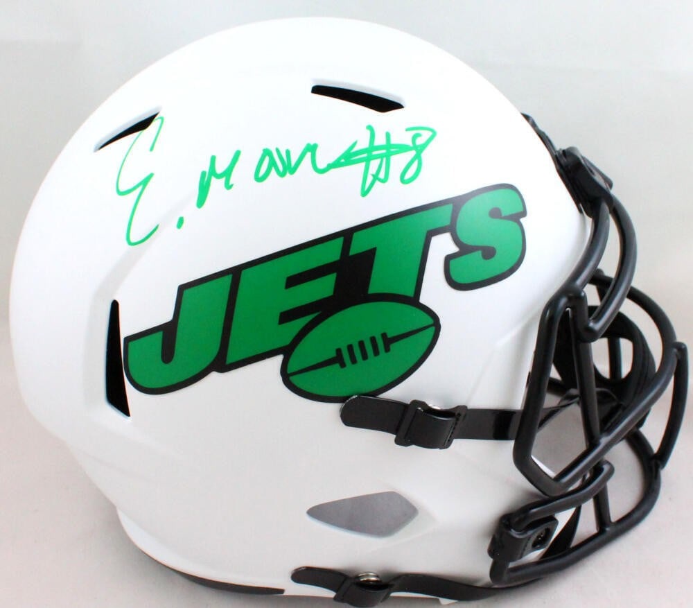 Elijah Moore Signed NY Jets F/S Lunar Speed Helmet Beckett Authenticated Green: Elijah Moore Signed NY Jets F/S Lunar Speed Helmet Beckett Authenticated Green This is an original, pre-owned full-size Lunar Speed helmet autographed by Elijah Moore, a standout player for the New Yo