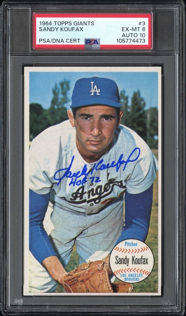 Sandy Koufax 1964 Topps Giants Signed HOF 72 PSA 6 Baseball Card: Sandy Koufax 1964 Topps Giants Signed HOF 72 PSA 6 Baseball Card This is a 1964 Topps Giants baseball card featuring the legendary Sandy Koufax, hand-signed and inscribed with 'HOF 72.' The card is gr