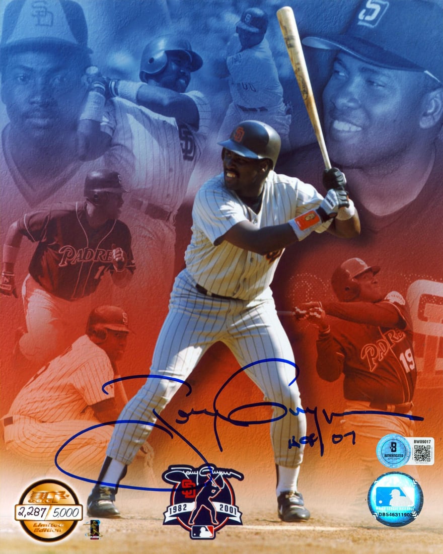 Tony Gwynn Padres signed 8x10 photo HOF 07 BAS 2287 5000: Tony Gwynn Padres signed 8x10 photo HOF 07 BAS 2287 5000 This original 8x10 vertical photo features Tony Gwynn of the San Diego Padres and is hand-signed with the inscription "HOF 07." The photo is in