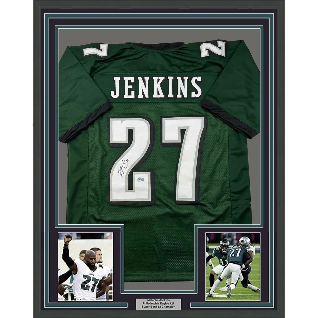 Framed Malcolm Jenkins Autographed Green Jersey with Beckett BAS COA: Framed Malcolm Jenkins Autographed Green Jersey with Beckett BAS COA This professionally framed and matted item features an autographed green jersey of NFL player Malcolm Jenkins, a standout for the P
