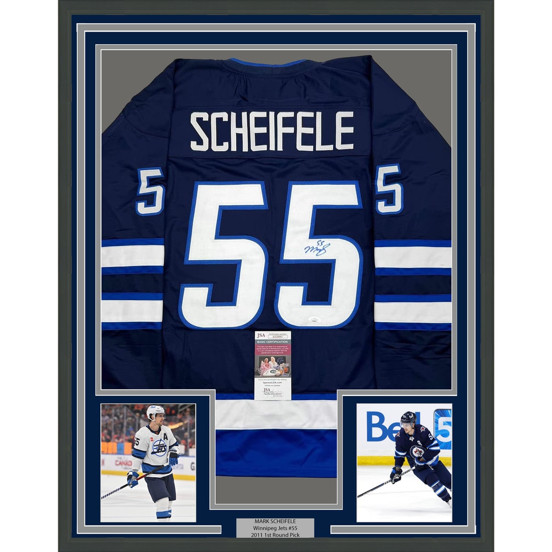 Framed Autographed Mark Scheifele Winnipeg Jets Jersey with JSA COA 35x39: Framed Autographed Mark Scheifele Winnipeg Jets Jersey with JSA COA 35x39 This professionally framed autographed jersey features Mark Scheifele of the Winnipeg Jets. The jersey is an original piece an