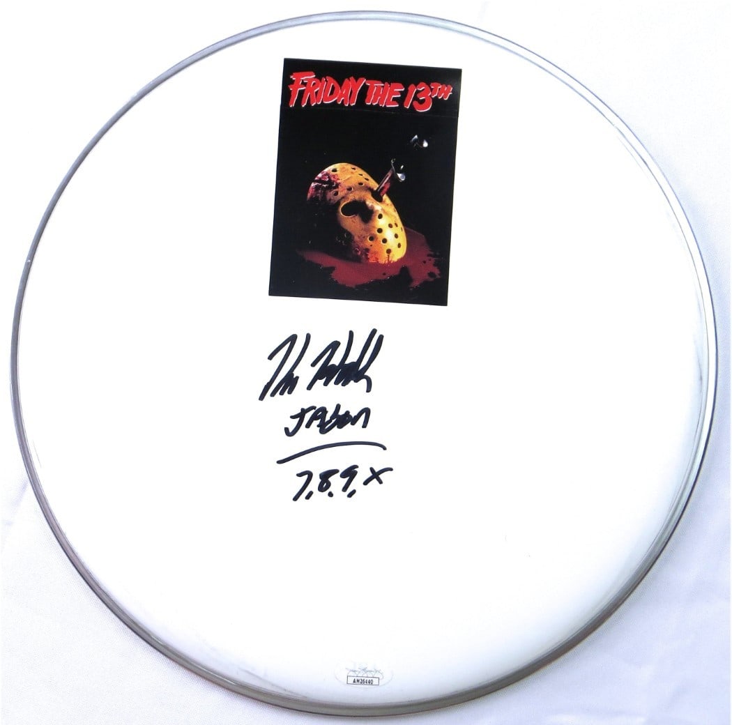 Kane Hodder Signed 12" Drumhead Friday the 13th JSA Authenticated: Kane Hodder Signed 12" Drumhead Friday the 13th JSA Authenticated Add a unique piece to your horror memorabilia collection with this 12" drumhead signed by Kane Hodder, known for his iconic portrayal 