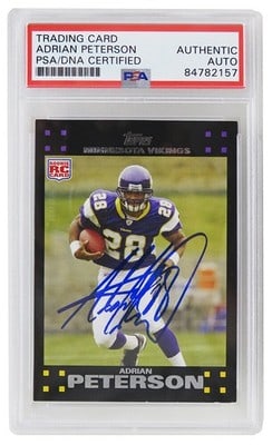 Adrian Peterson PSA Encapsulated Signed 2007 Topps Rookie Card #301 Vikings: Adrian Peterson PSA Encapsulated Signed 2007 Topps Rookie Card #301 Vikings This is a 2007 Topps rookie trading card #301 featuring Adrian Peterson of the Minnesota Vikings, personally signed by Peter