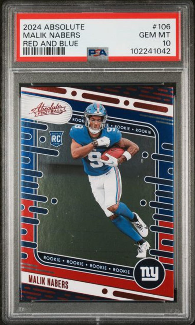 2024 Panini Absolute Malik Nabers #106 R/B Rookie Card PSA 10 Gem Mint: 2024 Panini Absolute Malik Nabers #106 R/B Rookie Card PSA 10 Gem Mint This is a graded 2024 Panini Absolute Malik Nabers #106 R/B Rookie RC Card, achieving a PSA 10 Gem Mint status. The card, featuri