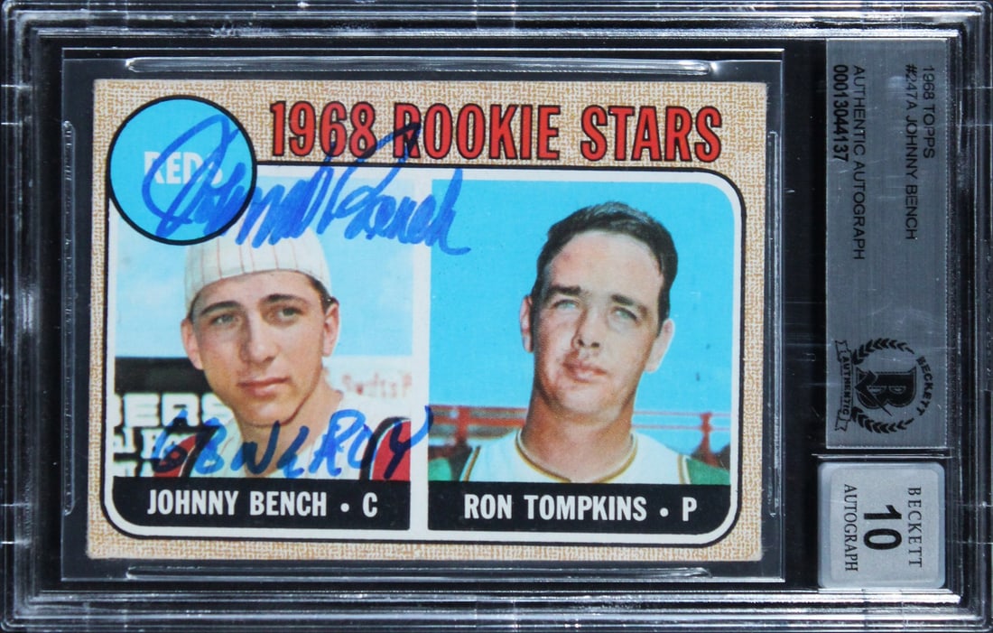 Johnny Bench 1968 Topps Rookie Card Signed BAS Slab (1 of 2)