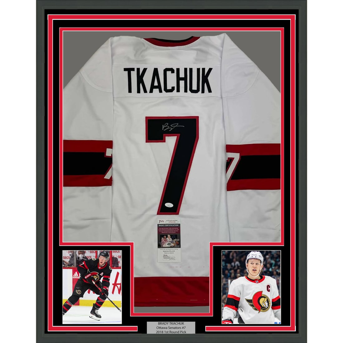 Framed Brady Tkachuk Autographed Jersey Ottawa Senators JSA COA 35x39: Framed Brady Tkachuk Autographed Jersey Ottawa Senators JSA COA 35x39 Showcase your admiration for Brady Tkachuk with this beautifully framed and autographed Ottawa Senators white hockey jersey. Measu