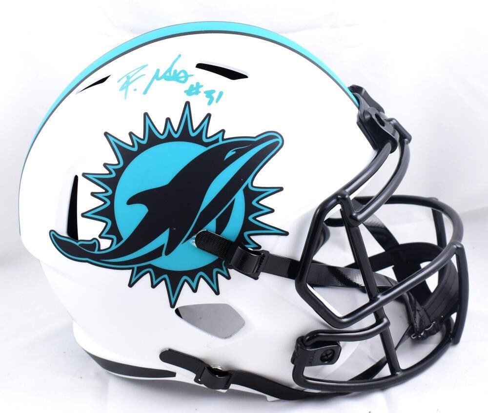 Raheem Mostert Autographed Miami Dolphins Lunar Speed Helmet Beckett Certified: Raheem Mostert Autographed Miami Dolphins Lunar Speed Helmet Beckett Certified This is an original Miami Dolphins full-size Lunar Speed helmet, autographed by player Raheem Mostert. The signature come