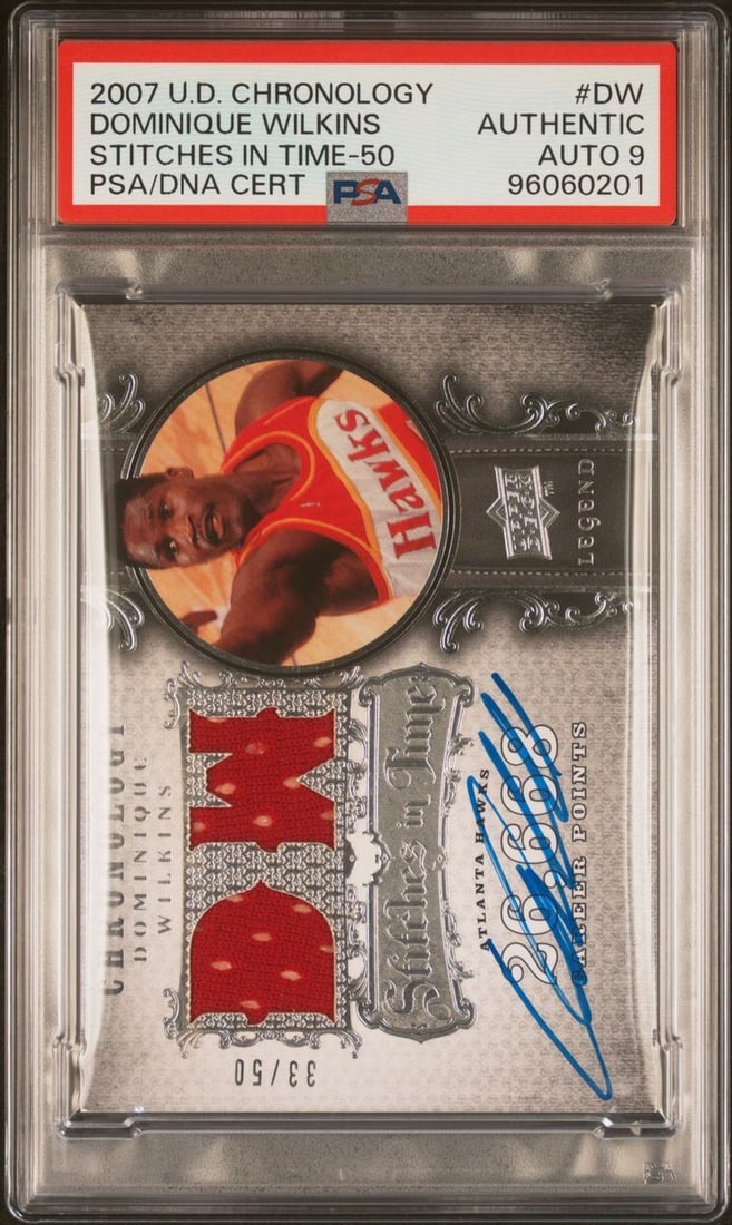 2007 Upper Deck Dominique Wilkins Signed Stitches In Time Card PSA Authenticated: 2007 Upper Deck Dominique Wilkins Signed Stitches In Time Card PSA Authenticated This is a 2007 Upper Deck Chronology Stitches In Time-50 #DW sports trading card featuring the autograph of basketball 