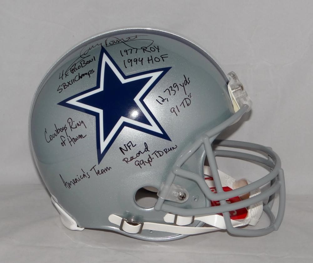 Dallas Cowboys ProLine Full Size Helmet Signed by Tony Dorsett with 9 Inscriptions JSA Auth: Dallas Cowboys ProLine Full Size Helmet Signed by Tony Dorsett with 9 Inscriptions JSA Auth This Dallas Cowboys full-size ProLine helmet features the authentic autograph of Tony Dorsett along with nin