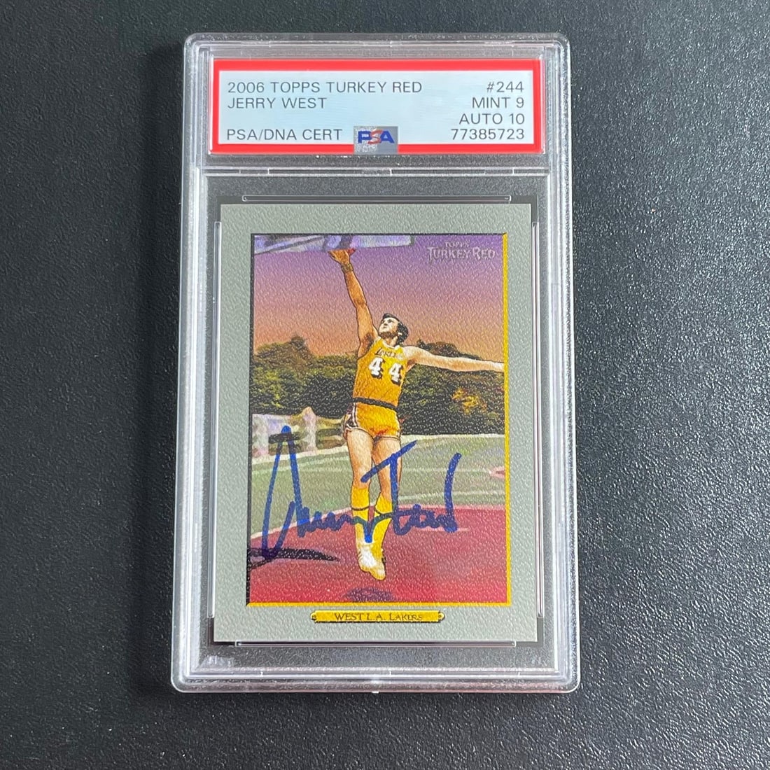 2006 Topps Turkey Red #244 Jerry West Signed Card PSA MINT 9 AUTO 10: 2006 Topps Turkey Red #244 Jerry West Signed Card PSA MINT 9 AUTO 10 This 2006 Topps Turkey Red #244 card features the iconic Jerry West's autograph, authenticated by PSA/DNA. The card is graded a