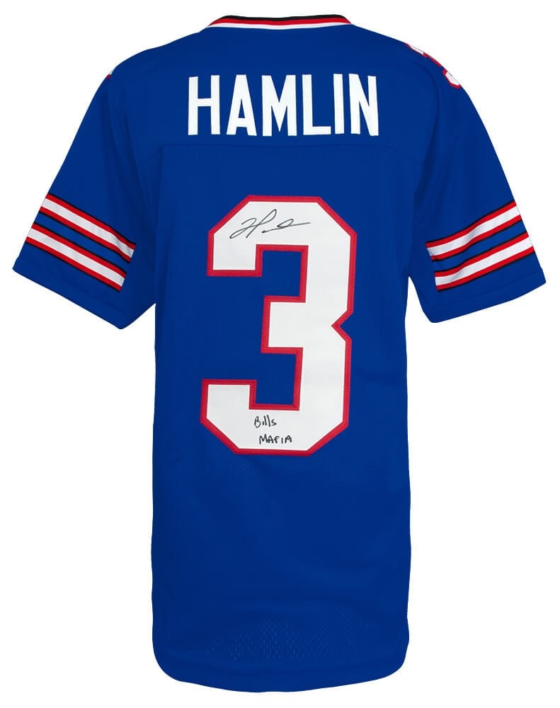 Damar Hamlin Signed Blue Jersey Bills Mafia COA: Damar Hamlin Signed Blue Jersey Bills Mafia COA Damar Hamlin Signed Blue Jersey Bills Mafia COA This is a pre-owned blue custom football jersey signed by Damar Hamlin, featuring the inscription