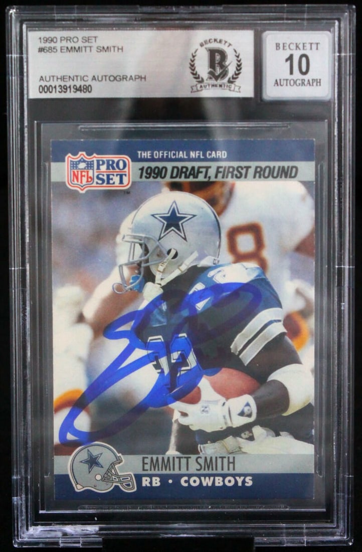 Emmitt Smith Signed 1990 Pro Set Rookie Card BGS Autograph Grade 10: Emmitt Smith Signed 1990 Pro Set Rookie Card BGS Autograph Grade 10 This is an original 1990 Pro Set #685 Emmitt Smith sports trading card, featuring an authenticated hand-signed autograph by Emmitt