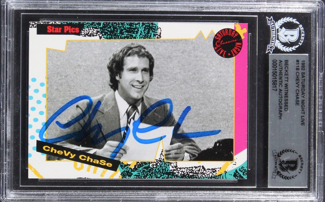 Chevy Chase Signed 1992 SNL Card BAS Authenticated: Chevy Chase Signed 1992 SNL Card BAS Authenticated This authentic signed card features the legendary Chevy Chase from Saturday Night Live, specifically card #118 from 1992. Hand-signed by Chase, this 