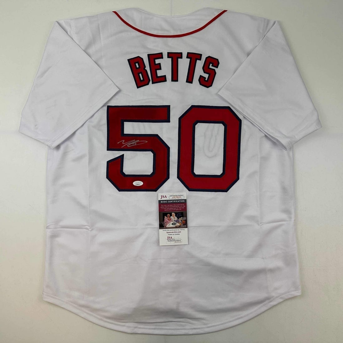 Mookie Betts Signed Boston Red Sox White Jersey JSA Certified: Mookie Betts Signed Boston Red Sox White Jersey JSA Certified This autographed Mookie Betts Boston White Baseball Jersey is a unique collectible for fans of the MLB star. The jersey features the name 