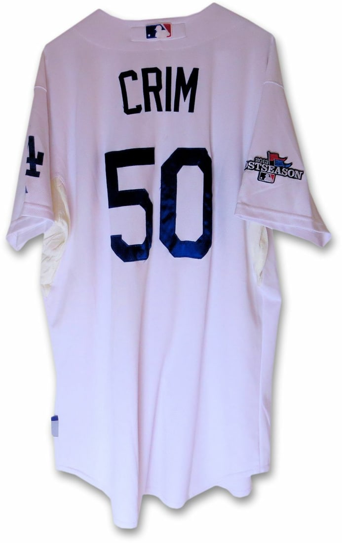 Los Angeles Dodgers Chuck Crim MLB Authenticated Team Jersey 2013 Playoff #50: Los Angeles Dodgers Chuck Crim MLB Authenticated Team Jersey 2013 Playoff #50 This is a Los Angeles Dodgers team-issued home white jersey worn by Chuck Crim during the 2013 playoffs. The jersey featur