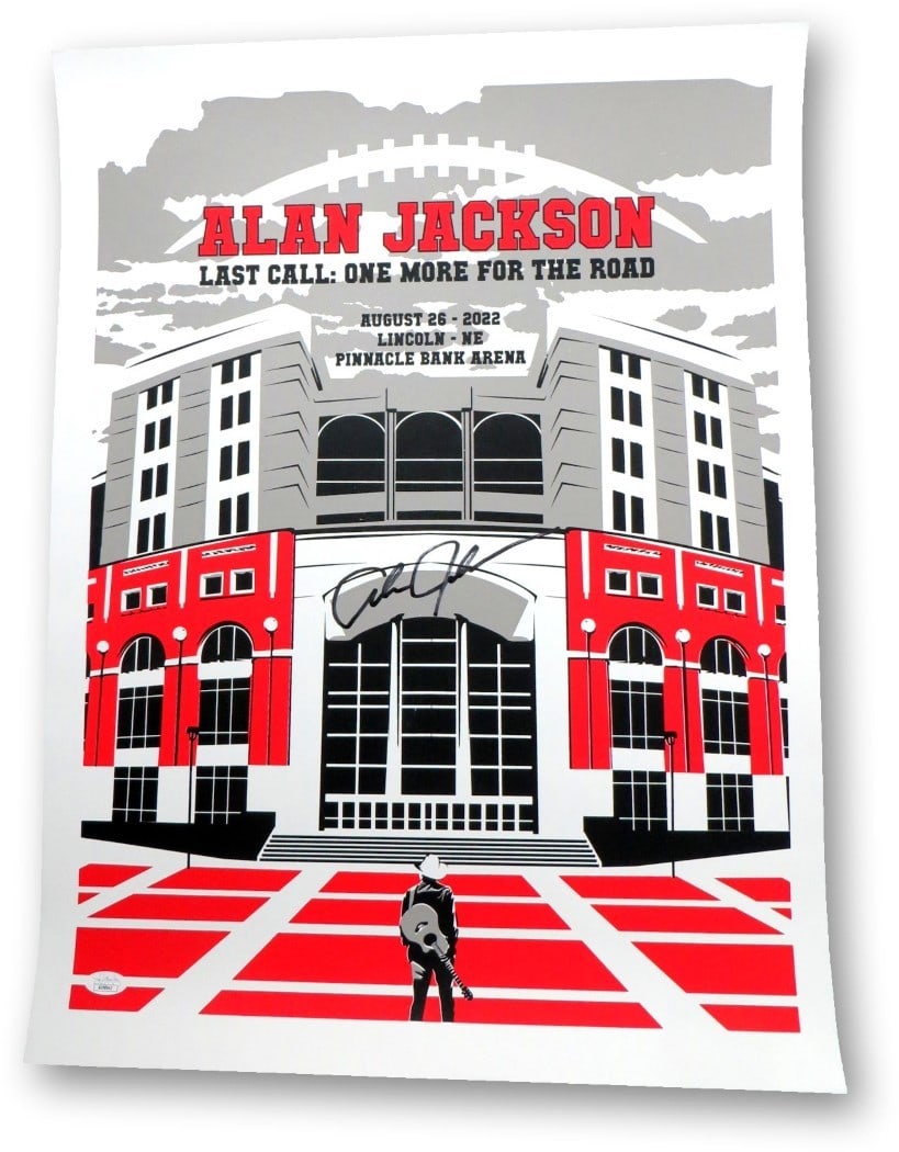 Alan Jackson Autographed 18x24 Poster 2022 Lincoln NE JSA Authentic: Alan Jackson Autographed 18x24 Poster 2022 Lincoln NE JSA Authentic Celebrate the music of Alan Jackson with this authentic autographed 18" x 24" poster from his 2022 performance in Lincoln, NE. This 