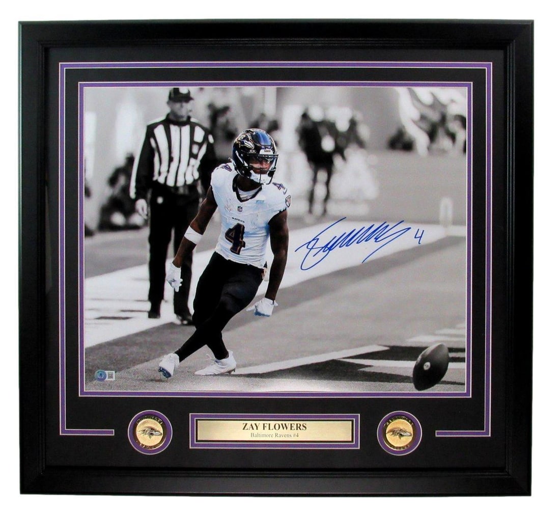 Zay Flowers Signed Baltimore Ravens 16x20 Photo Framed BAS Authenticated: Zay Flowers Signed Baltimore Ravens 16x20 Photo Framed BAS Authenticated This striking Zay Flowers signed 16x20 photo captures the essence of the Baltimore Ravens in action. The photo is beautifully f