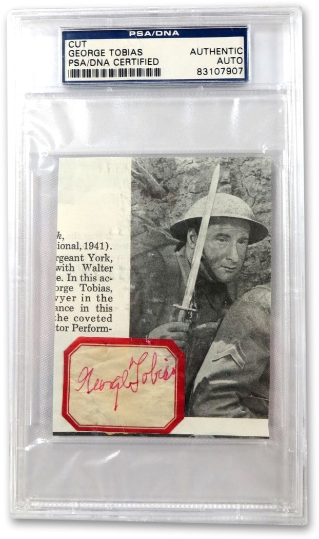 George Tobias PSA DNA Authenticated Signed Cut Signature Card: George Tobias PSA DNA Authenticated Signed Cut Signature Card This is an original cut signature card autographed by George Tobias, known for his role in 'Sergeant York.' The autograph has been profess