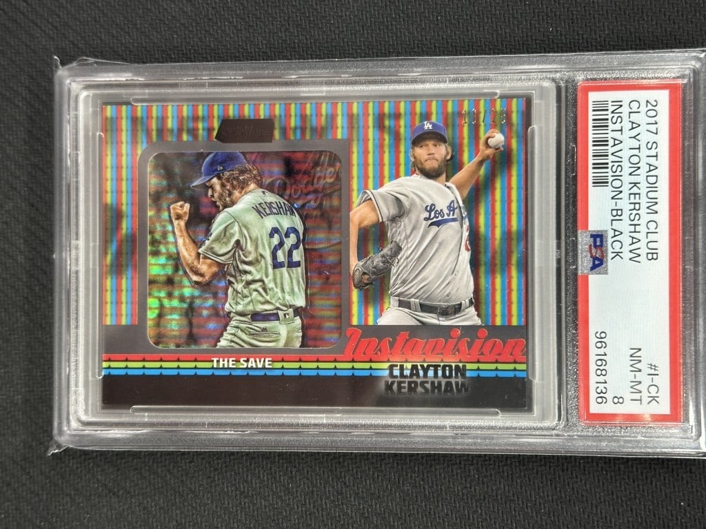 Clayton Kershaw 2017 Topps Stadium Club Instavision Black PSA 8 #I-CK: Clayton Kershaw 2017 Topps Stadium Club Instavision Black PSA 8 #I-CK Up for auction is a 2017 Topps Stadium Club Instavision Black baseball card featuring Clayton Kershaw, a star pitcher for the Los 