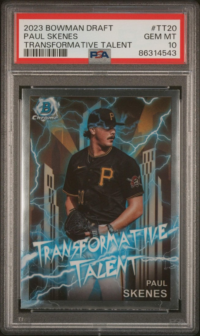 2023 Bowman Draft Paul Skenes #TT20 RC Baseball Card PSA 10: 2023 Bowman Draft Paul Skenes #TT20 RC Baseball Card PSA 10 This is a graded 2023 Bowman Draft Paul Skenes #TT20 Tran Talent RC baseball card, featuring the player from the Pittsburgh Pirates. The car